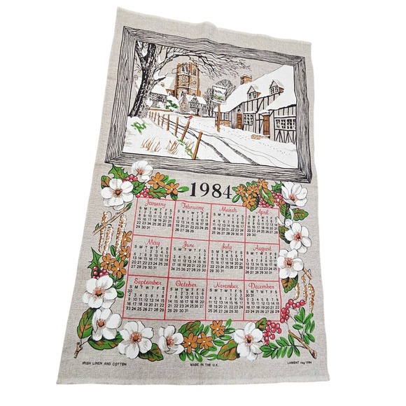 Vintage 1984 Calendar Tea Towel Irish Linen & Cotton Winter Scene Decor Cottage - Picture 1 of 7